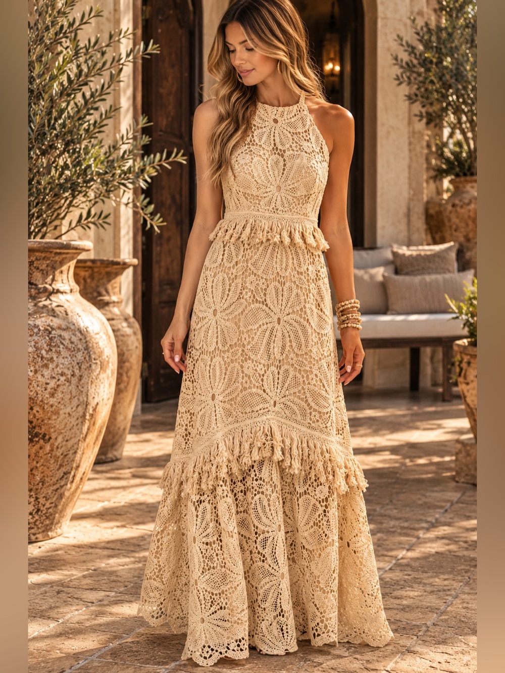 Beige floral lace eyelet crochet western chic boho halter fringe maxi dress